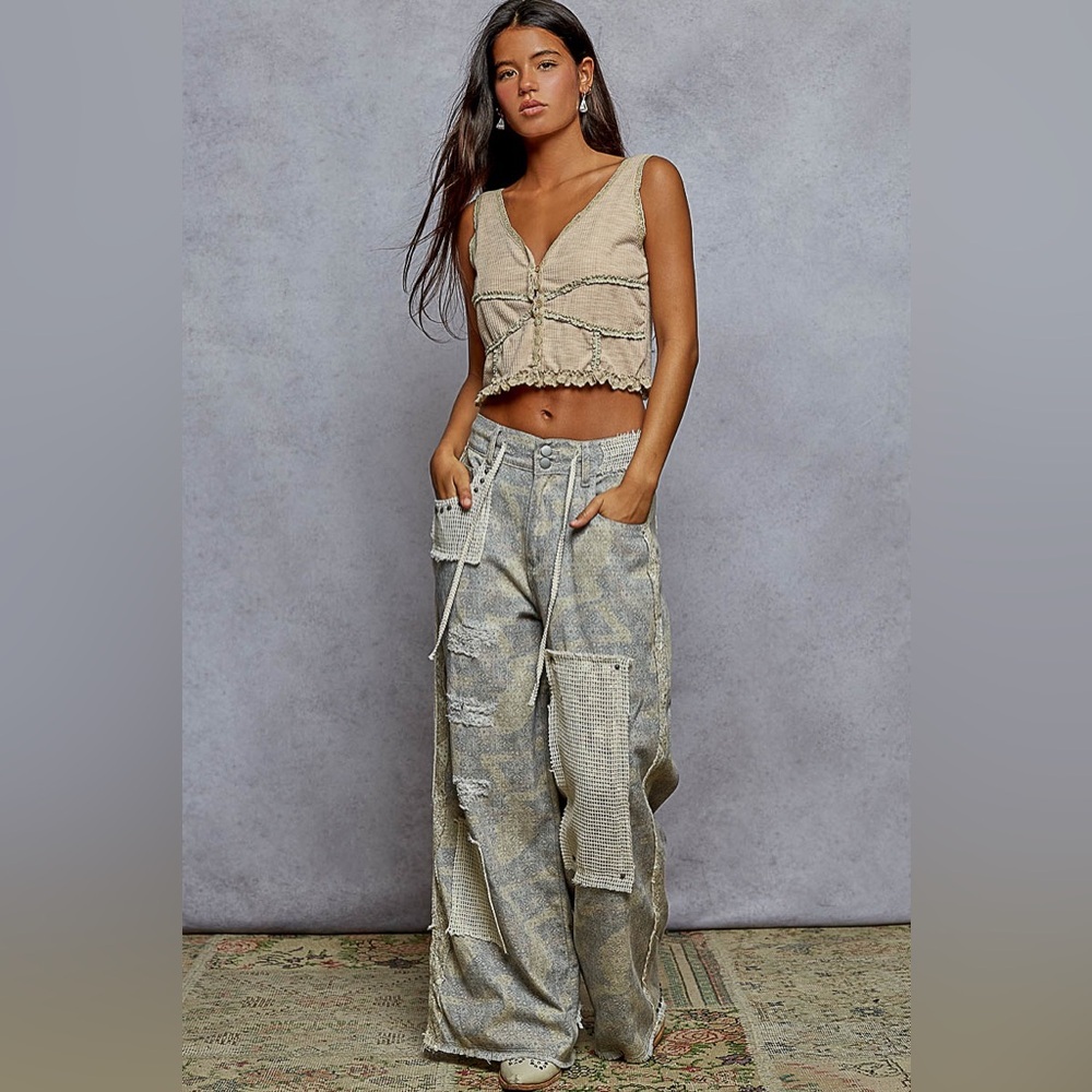 NWT POL Patchwork Boho Patch Crochet Wide Leg Cam… - image 6